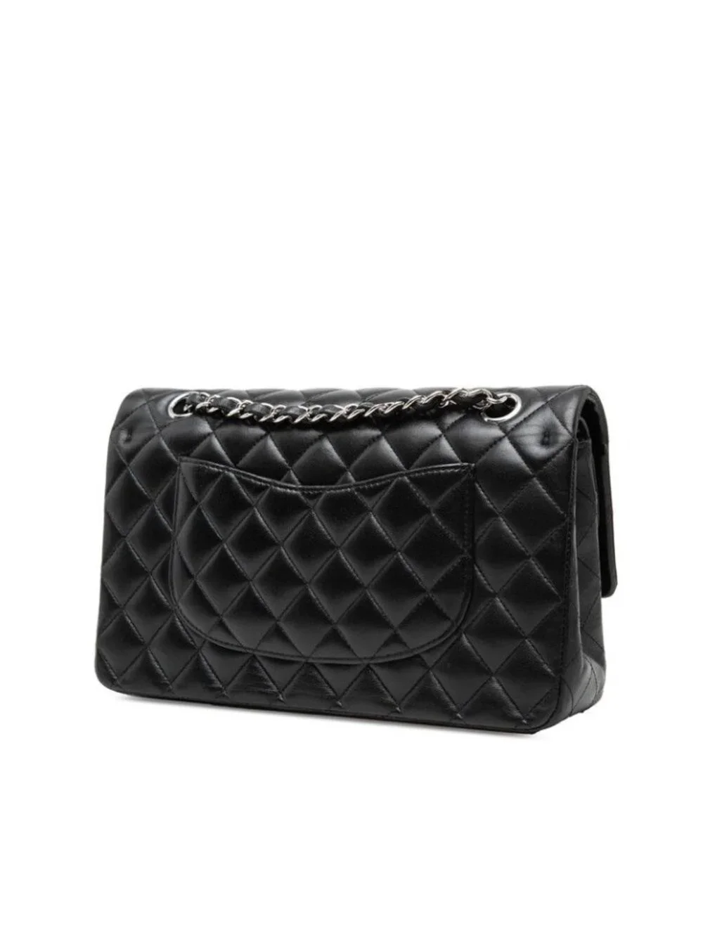 Chanel CC Logo Quilted Double Flap Chain Shoulder Bag Black Silver Lambskin